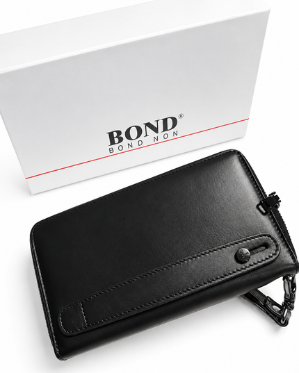 872 1 BLACK Portefeuille Homme Bond London – Cuir Véritable Noir avec Dragonne