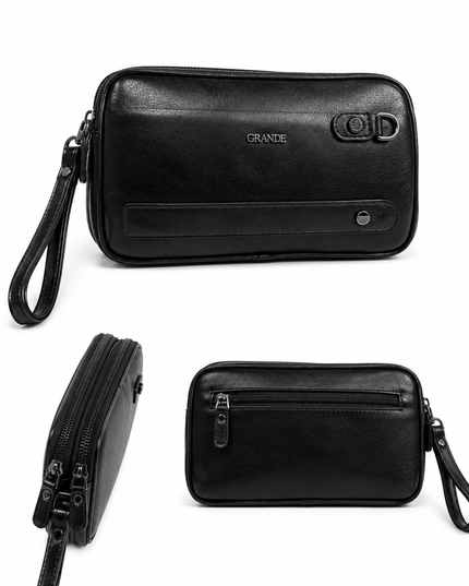 4291 Trousse de Toilette Homme en Cuir Véritable Noir – Double Compartiment de Voyage