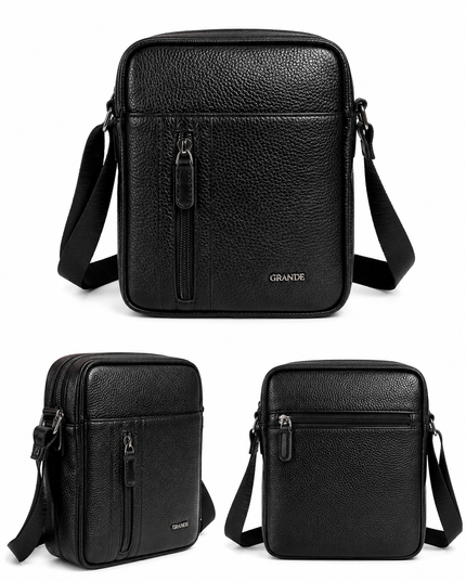 4293 Sac Bandoulière Homme en Cuir Véritable Noir – Sacoche Compacte avec Poches Zippées