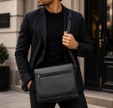 Le Bastille - Sac Messager en Cuir Véritable Noir