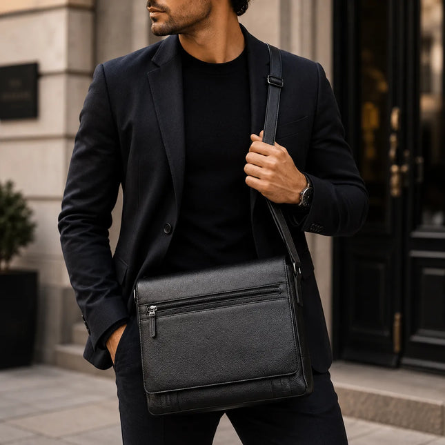 Sac Messager en Cuir Véritable Noir