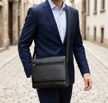 Le Bastille - Sac Messager en Cuir Véritable Noir