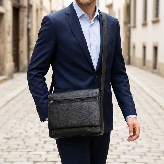 Sac Messager en Cuir Véritable Noir