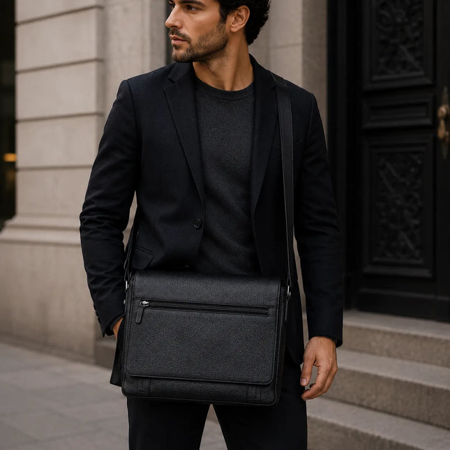 Sac Messager en Cuir Véritable Noir